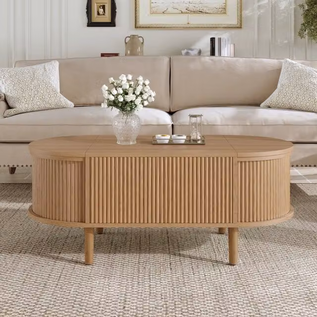 Tavolino da salotto ovale Zephmum marrone con altezza regolabile e meccanismo a sollevamento, stile vintage