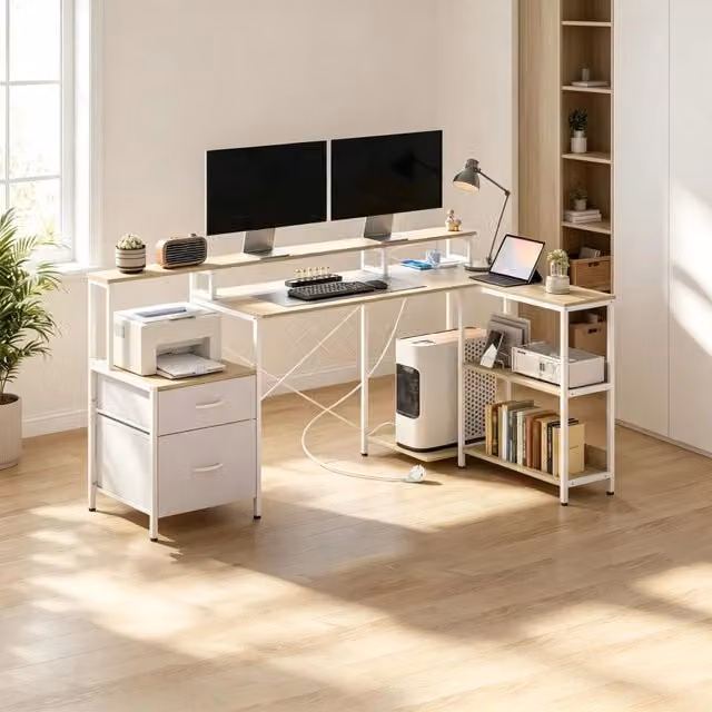Scrivania angolare moderna WISHDOR bianca con struttura in metallo e piano in MDF laminato