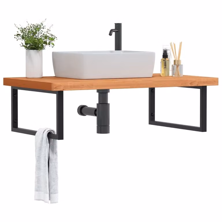vidaXL Ripiano a Parete per Lavabo in Faggio Massello e Metallo, Nero e Marrone, L: 60 cm, P: 25 cm, H: 3 cm