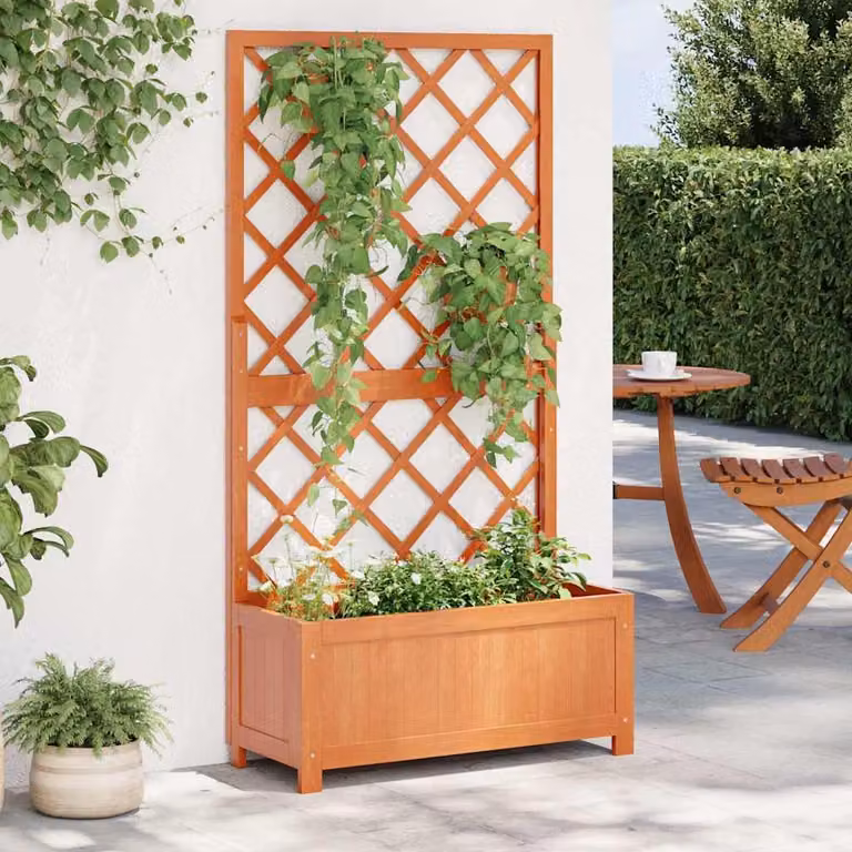 Fioriera con Traliccio vidaXL in Legno di Abete Massello, Colore Marrone, L 70 cm x P 30 cm x H 135 cm