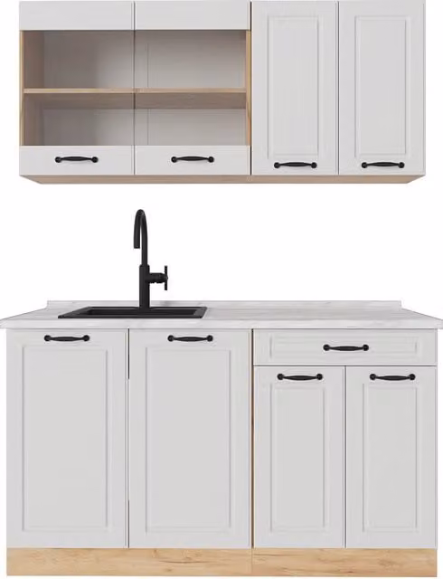 Cucina monoblocco Vicco R-Line in stile country house, Bianco e Rovere, L: 140 cm, P: 60 cm, H: 81,6 cm