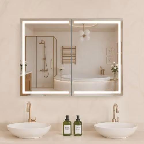 Armadietto per medicinali Vevor con specchio e illuminazione LED integrata, modello da incasso o da parete per bagno, L: 60 cm, H: 80 cm, colore argento