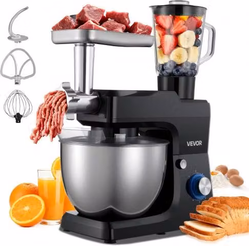 Impastatrice Vevor da 1500 W con Ciotola in Acciaio Inox da 7,8 L e Ciotola da 1,5 L, Colore Nero, 6 Velocità con Funzione Pulse, Set con Gancio, Frusta e Sbattitore