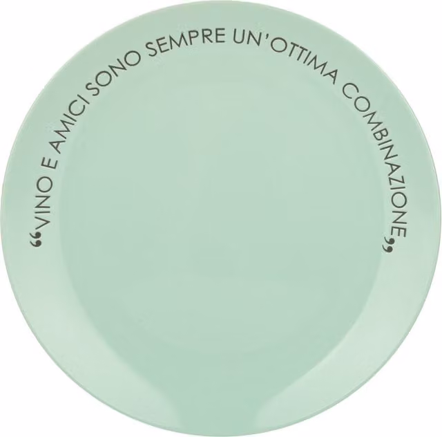 Piatto piano da portata KASANOVA in stoneware colore verde salvia con scritta, Diametro: 27 cm