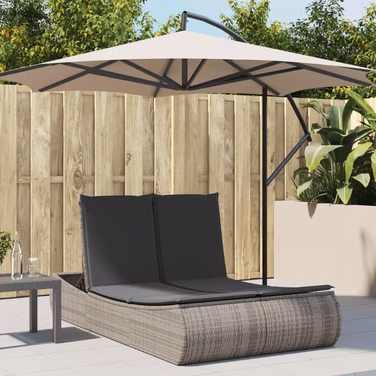 vidaXL Lettino Prendisole Doppio in Polyrattan Grigio con Cuscini e Poggiatesta Regolabile