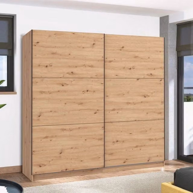 Armadio da camera da letto DMORA con ante scorrevoli, colore marrone rovere, L: 217 cm, H: 210 cm
