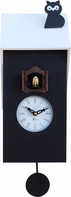 Orologio a cucù da parete Pirondini con civetta, modello moderno in legno, nero e bianco, L 40 cm x H 17 cm x P 12 cm