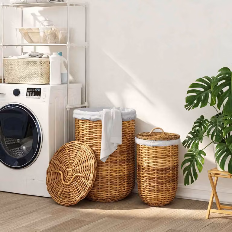 Set di 2 cesti per la biancheria con coperchio e maniglie vidaXL GENDT in rattan color marrone