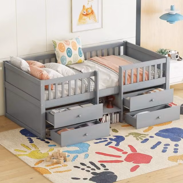 Letto a casetta per bambini OKWISH in pino e MDF con 4 cassetti e scala, grigio, L/P/H: 204 x 90 x 120 cm