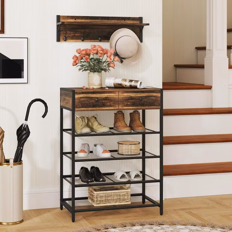Set appendiabiti da muro con scarpiera Costway in stile industriale, colore marrone