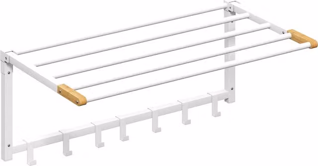 Portasciugamani a parete pieghevole HOMCOM in legno e acciaio con 5 barre e 6 ganci, Bianco, L: 60 cm, P: 32,5 cm, H: 20 cm