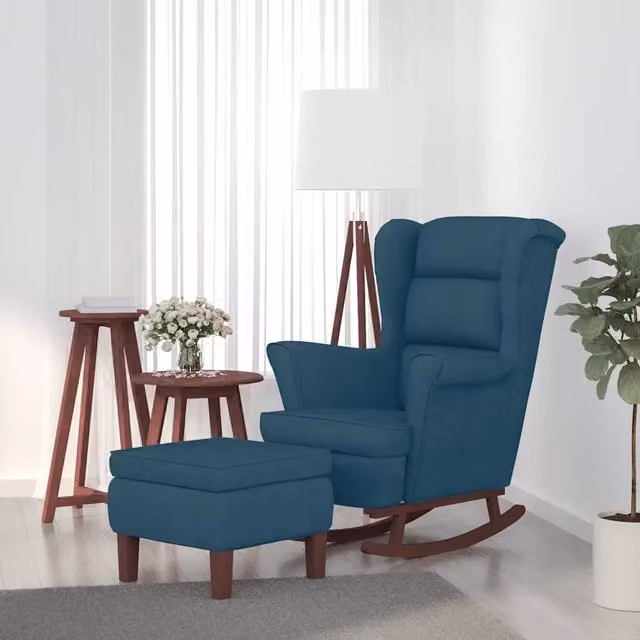 Sedia a dondolo con schienale alto in velluto blu e pouf vidaXL con struttura in legno massiccio