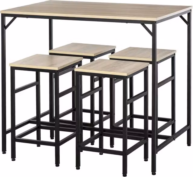 Set Tavolo da Bar Industriale Minimal con 4 Sgabelli in Metallo Nero e Legno Quercia Chiaro