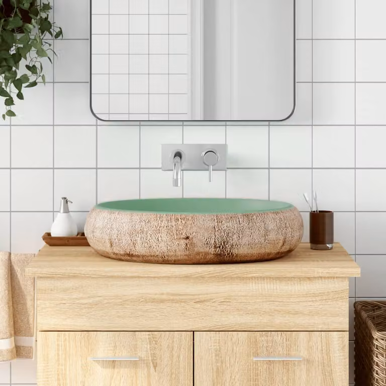 Lavabo da appoggio ovale vidaXL in ceramica verde e marrone L: 59 cm, P: 40 cm, H: 15 cm