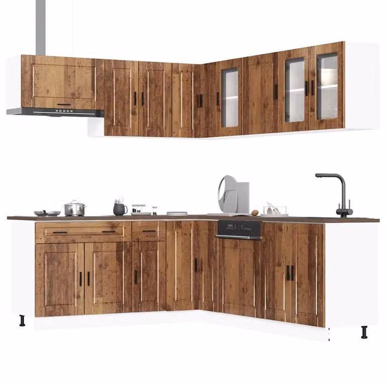Set di mobili da cucina vidaXL in stile rustico composto da 11 pezzi, colore marrone, in legno e vetro
