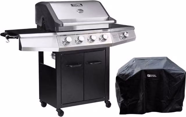 Barbecue a gas Bingo 5 Habitat et Jardin con 5 piastre, bruciatore laterale, termometro e fodera di protezione, Nero