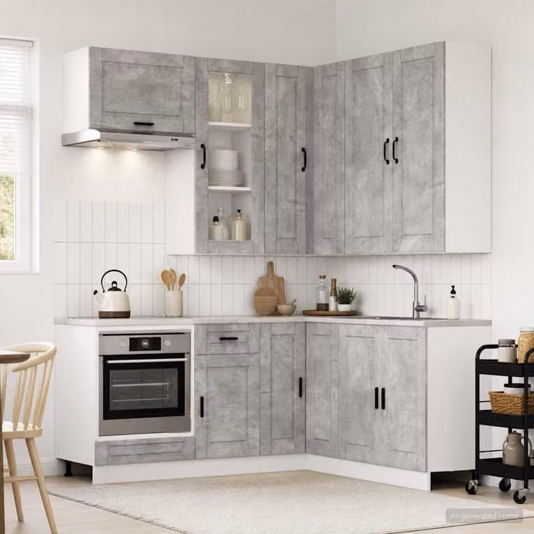 Unità cucina moderna vidaXL PORTO composta da 8 pezzi in legno ingegnerizzato e MDF, colore grigio cemento, con ante in vetro e ripiani interni
