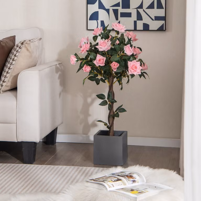 Albero artificiale con rose Costway in verde e rosa con tronco in legno e vaso in rattan, Altezza: 93 cm
