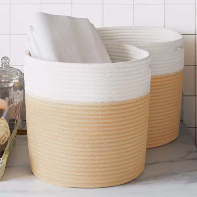 Set di 2 cestini portaoggetti vidaXL in tessuto beige e bianco con maniglie, Ø 28 cm