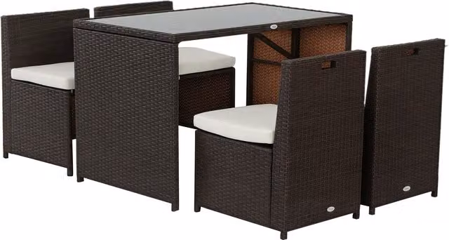 Set Mobili da Giardino Outsunny Aosom in Polyrattan Marrone con Tavolo in Vetro e 4 Sedie con Cuscini