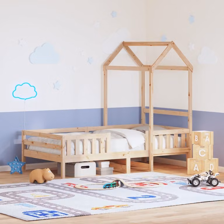 vidaXL Giroletto per bambini con struttura a casetta in legno di pino massello, colore marrone, L/P/H: 190 x 80 x 195,5 cm