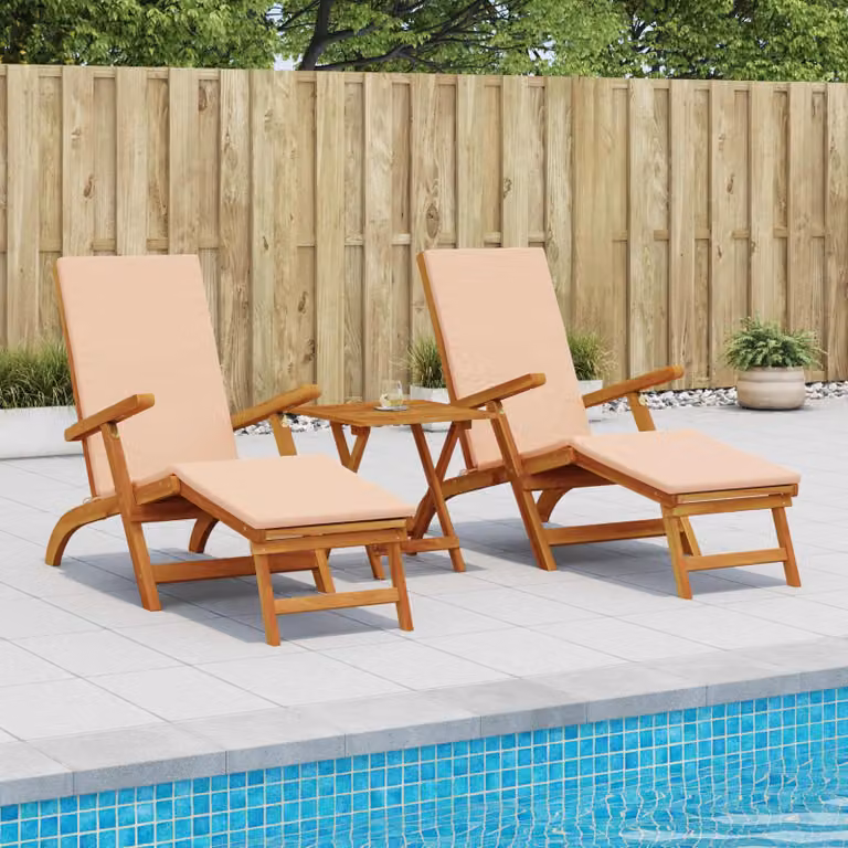 Set di 2 lettini prendisole reclinabili e pieghevoli vidaXL in legno di acacia marrone e beige per giardino e terrazza
