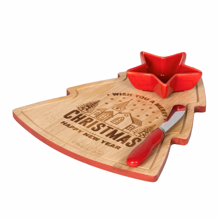 Vassoio Degustazioni Natalizio Gusto Casa a Forma di Albero in Bamboo con Coppetta in Ceramica Rossa e Spatola in Acciaio Inox L/P: 26 x 22 cm