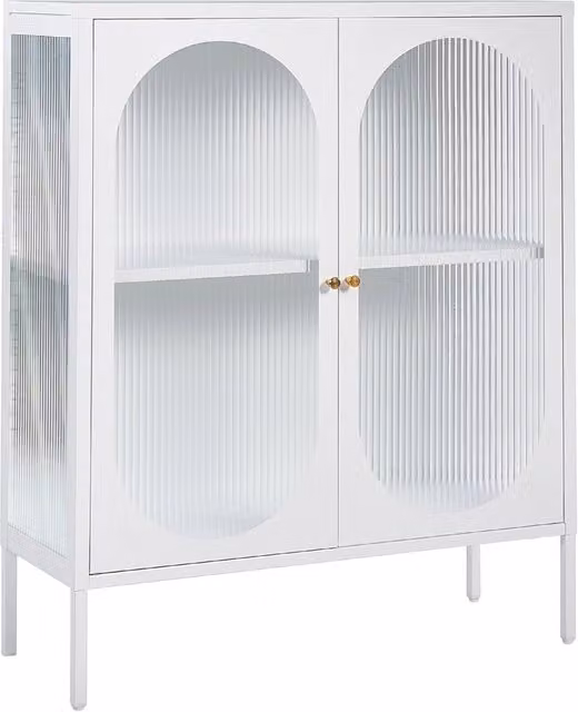 Vetrina Beliani in stile industriale con ante in vetro opaco e struttura in metallo nero, ideale per soggiorno o sala da pranzo, L: 90 cm, P: 35 cm, H: 111 cm