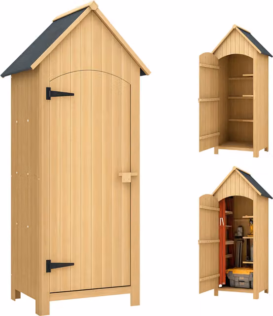 Outsunny Casetta da Giardino in Legno Marrone con Tetto Inclinato in Asfalto e 3 Mensole, Capanno per Attrezzi H x L x P: 179.5 x 77.5 x 54.2 cm