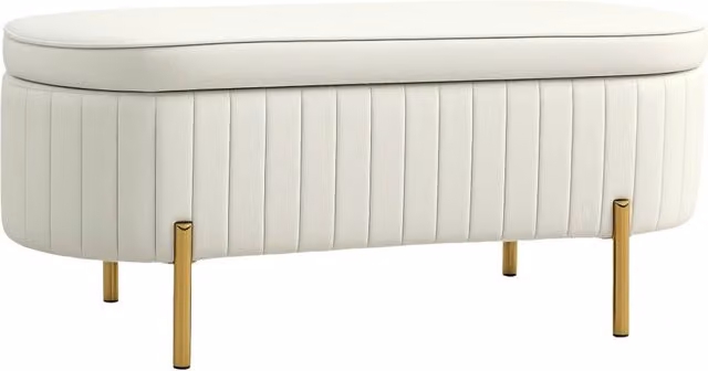 Panca Contenitore Ovale Minimal con Coperchio Sollevabile in Velluto Crema L: 108 cm, P: 44 cm, H: 43.5 cm