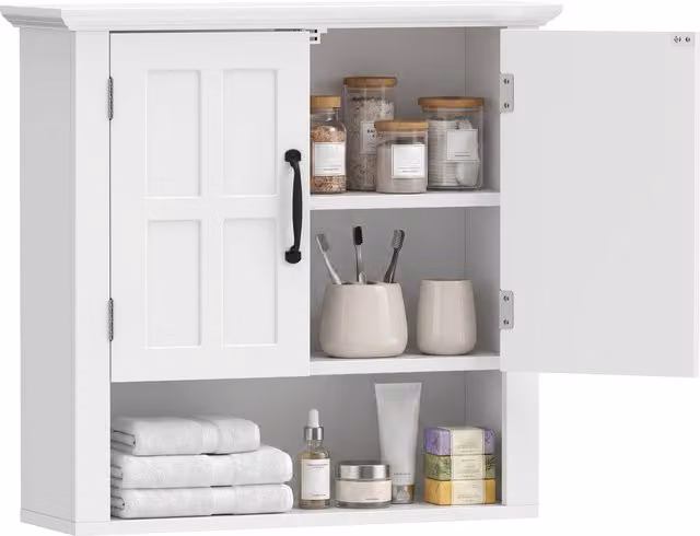Mobiletto da parete Homcom con 2 ante e ripiano in legno per cucina o bagno, Bianco, L: 60 cm, P: 19.8 cm, H: 58 cm