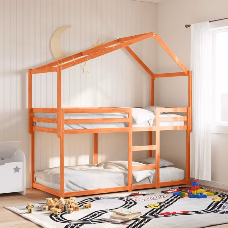 Letto a castello per bambini vidaXL in legno massello di pino con tetto a casetta, colore marrone, L/P/H: 205.5 x 80 x 112 cm