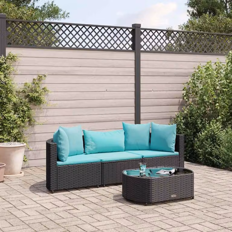 Set Divano da Giardino a L vidaXL con Tavolino e Cuscini, Struttura in Metallo e Polyrattan, Colore Nero/Blu/Turchese