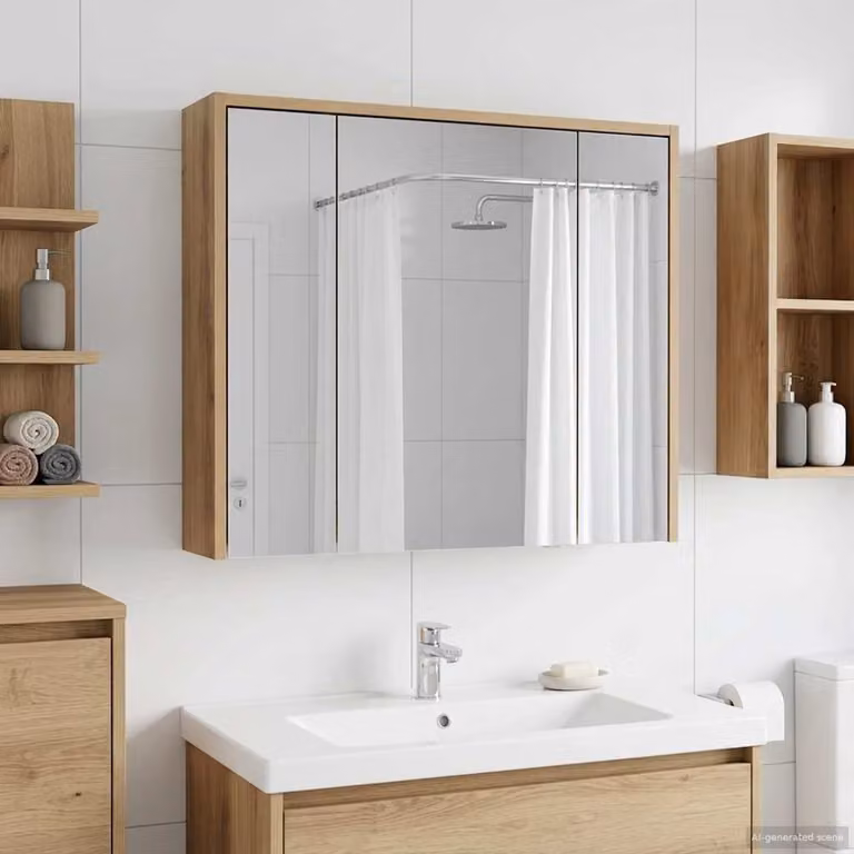 Mobiletto da bagno con specchio vidaXL in stile moderno, colore rovere, con ante a battente e ripiani interni, montaggio a parete, L: 62,5 cm, P: 16,0 cm, H: 73,5 cm