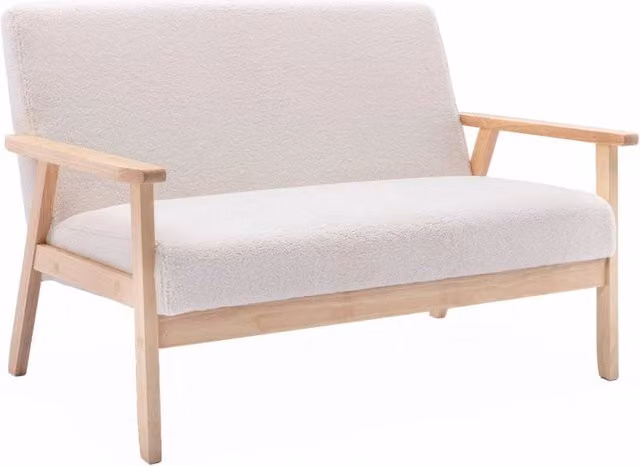 Divano a 2 posti Sweeek in tessuto bouclé beige e bianco con gambe in legno di gomma, stile scandinavo, L: 114 cm, P: 73 cm, H: 69,5 cm