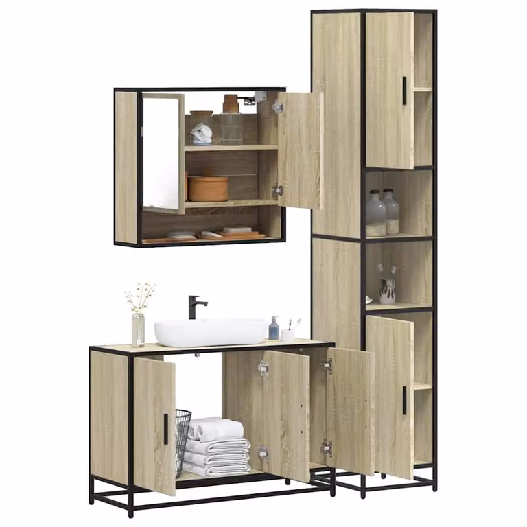 Set di mobili da bagno 3 pezzi vidaXL in stile industriale color marrone con mobile specchio, mobile lavabo e colonna, in legno e metallo