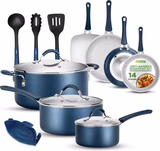 Set di cottura NutriChef da 14 pezzi in ceramica blu marino, completo di pentole, padelle con coperchi e accessori, compatibile con piani a induzione