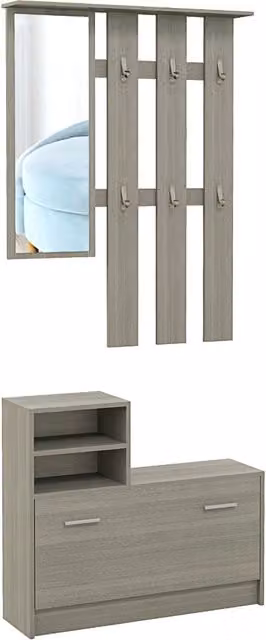 Set Mobili da Ingresso XYLO Grigio con Appendiabiti, Specchio, Panca e Scarpiera per 8 Paia di Scarpe