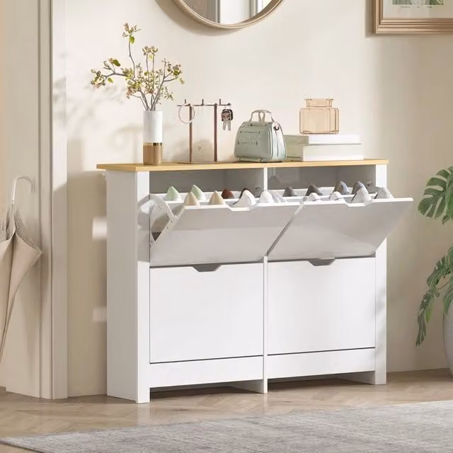 Scarpiera Slim Minimal con 4 Ante in Legno Rovere Bianco, Salvaspazio per 8-16 Paia di Scarpe, L: 105 cm, P: 26 cm, H: 80 cm