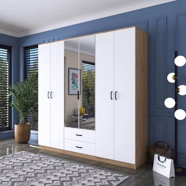 Armadio da camera da letto DMORA con ante scorrevoli, specchio e cassetti integrati, Bianco e Marrone, H 210 x L 210 cm