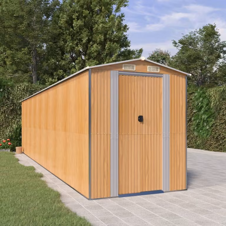 Capanno da giardino vidaXL in acciaio zincato marrone chiaro con tetto a capanna e ventilazione laterale L: 772 cm, P: 192 cm, H: 223 cm