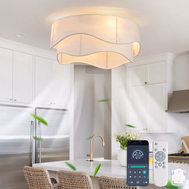 Ventilatore da soffitto moderno con luce LED, controllo tramite app Bluetooth e telecomando, finitura oro e bianco in tessuto e plastica