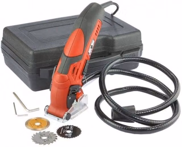 Mini Sega Circolare Trade Shop con 3 Lame, Tubo di Aspirazione, 400W, 3400 RPM e Taglio 12mm, Colore Rosso