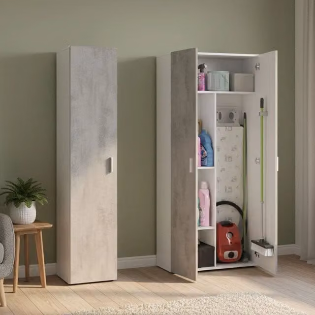 Armadio Multiuso Moderno DMORA con Ante a Battente, Bianco e Grigio, L: 121 cm, H: 182 cm