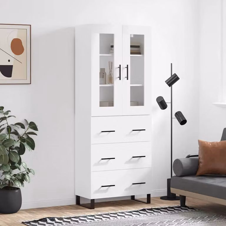 Credenza moderna vidaXL bianca con ante in vetro e ripiani interni, L: 69,5 cm, P: 34,0 cm, H: 180,0 cm