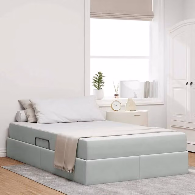 vidaXL Letto con contenitore e materasso ibrido in tessuto grigio L: 120 cm, P: 200 cm, H: 280 cm
