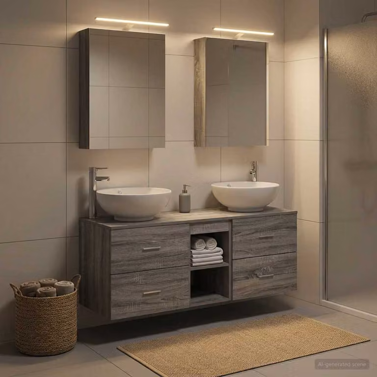 Set di mobili per il bagno moderno vidaXL in 5 pezzi grigio con armadietto a specchio con illuminazione LED e mobile lavabo
