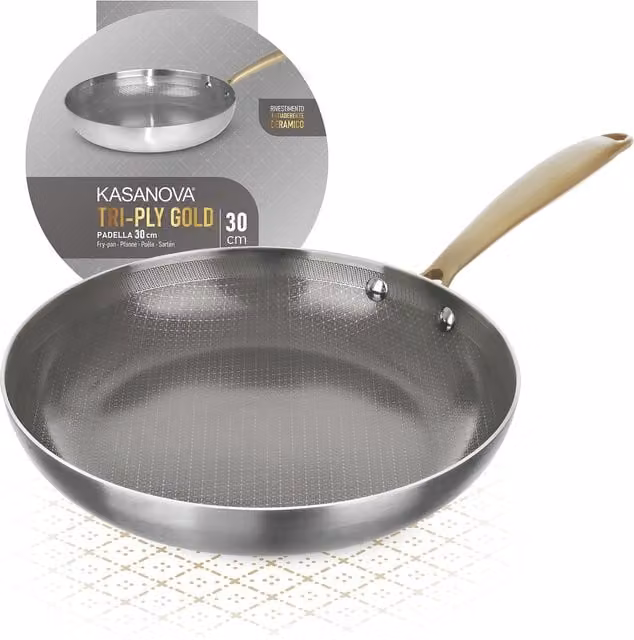 Padella Kasanova Tri Ply in ceramica e acciaio inossidabile, colore Gold, Diametro: 30 cm