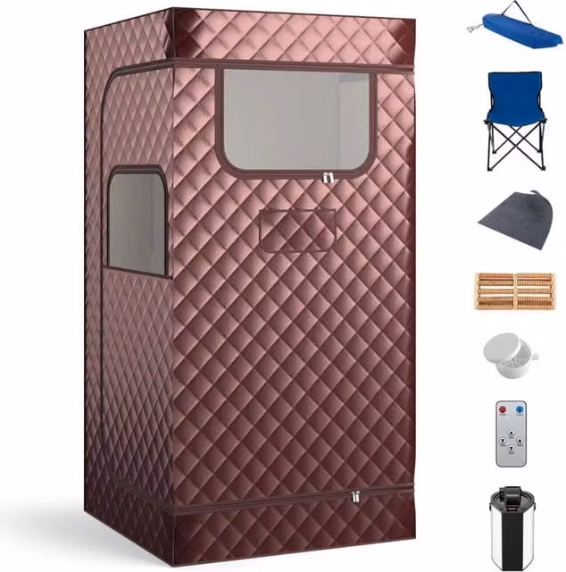 Sauna portatile a vapore Design Mania per casa con generatore da 3L e telecomando, Box sauna completo per 1 persona colore marrone