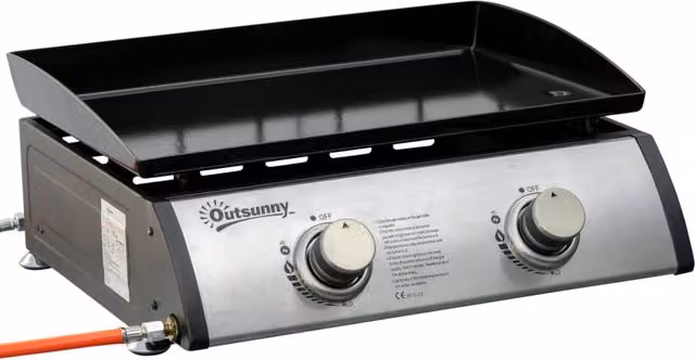 Piastra Barbecue a Gas da Tavolo Minimal con 2 Bruciatori, Nero e Argento, L: 48,5 cm, P: 46 cm, H: 21 cm